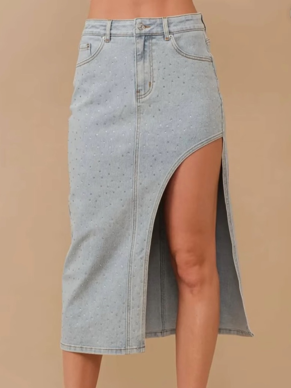 Light Wash Denim Midi Skirt with High Side Slit